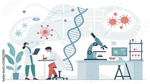 Scientists in lab coats working at a laboratory table with microscope and computer surrounded by virus cells and dna strand