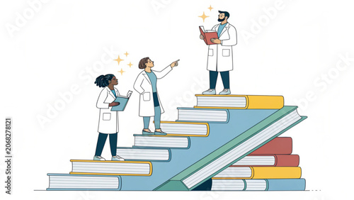 Three scientists in lab coats standing on stacked books with laptops and pointing upwards in an educational setting with a white background