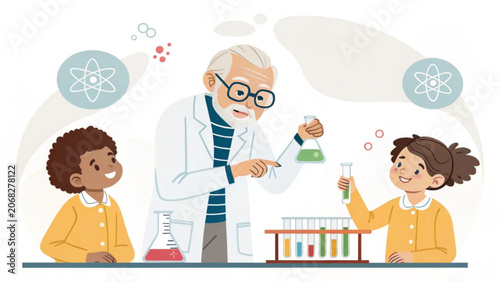 An older man in a lab coat showing two children beakers with colorful liquids in a science lab setting with atoms and test tubes around them