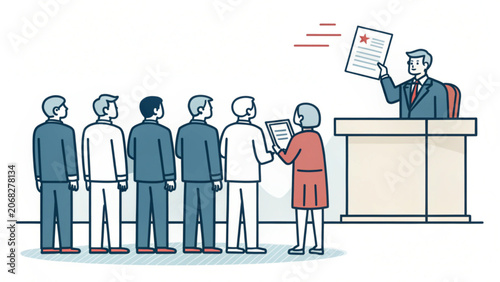 A group of people standing in line at a podium with a man holding up a paper with a red star on it