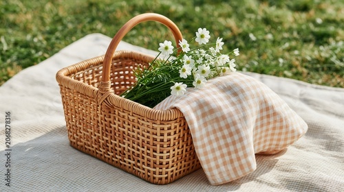 Top down view of a cozy picnic setup with a wicker basket and fresh flowers on a blanket