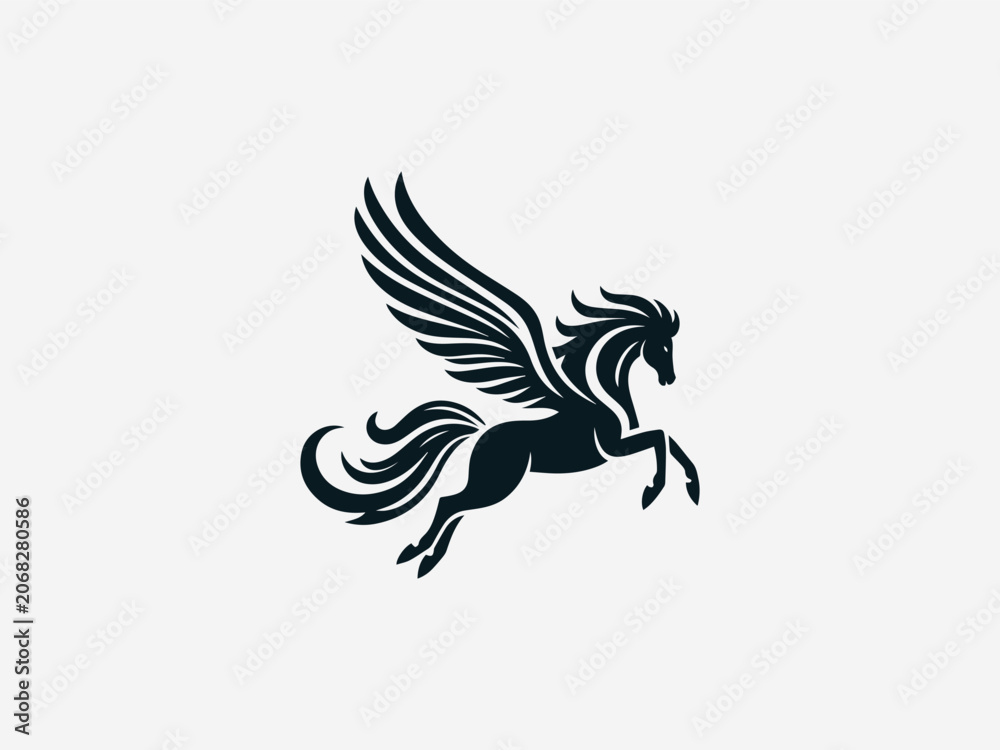 Fototapeta premium Pegasus Logo Winged black vector logo illustration on white background