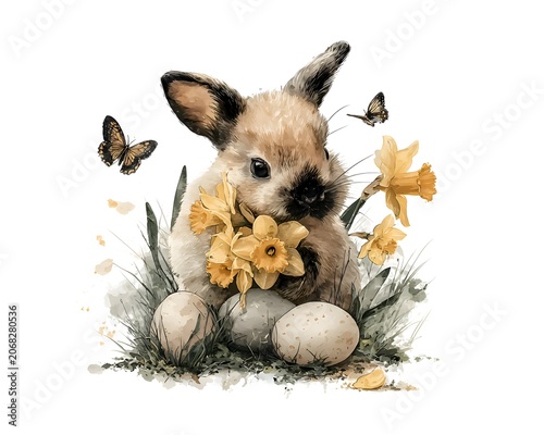 Cute watercolor Easter bunny with daffodils, eggs, and butterflies
