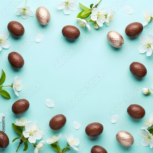 Chocolate eggs arranged in a circular frame with white spring blossoms create a festive seasonal border.