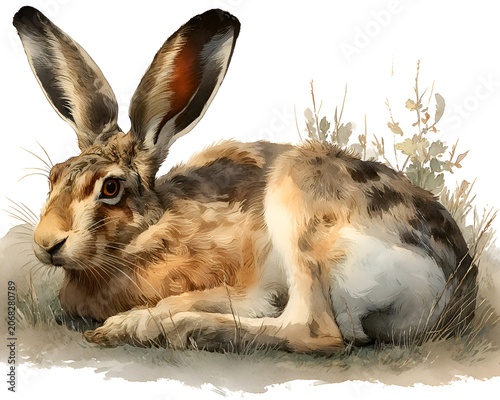 Watercolor illustration of a wild hare resting in a grassy field