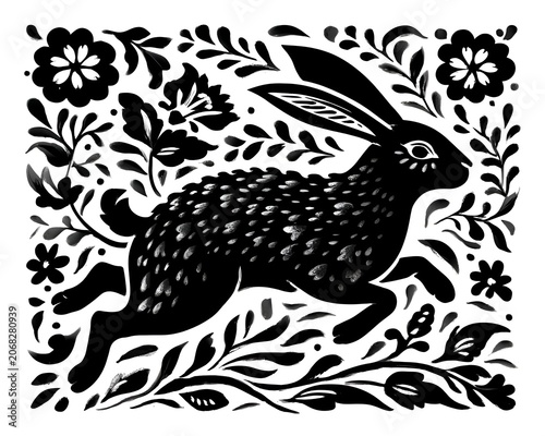 Decorative Black and White Folk Art Illustration of a Running Rabbit with Floral Elements