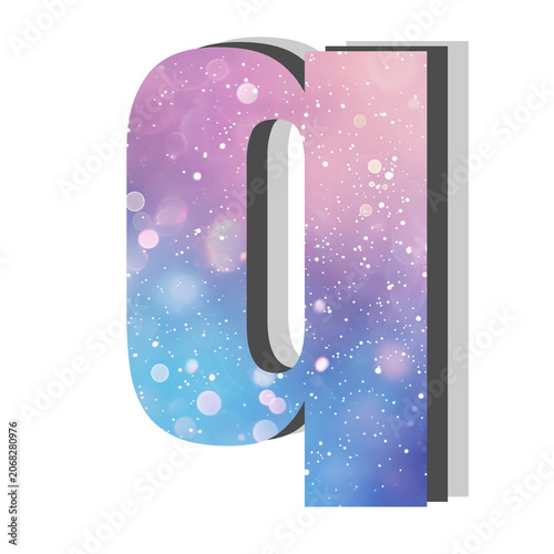Small Letter Q Graphic Typography Design Featuring a Magical Pastel Nebula Galaxy Gradient Texture and Soft Bokeh Light Effects