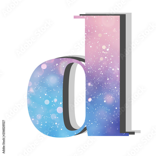 Vibrant lowercase 'd' letter design featuring a sparkling cosmic galaxy pattern in mesmerizing pink and blue hues. A celestial alphabet element for unique typography and creative graphic projects