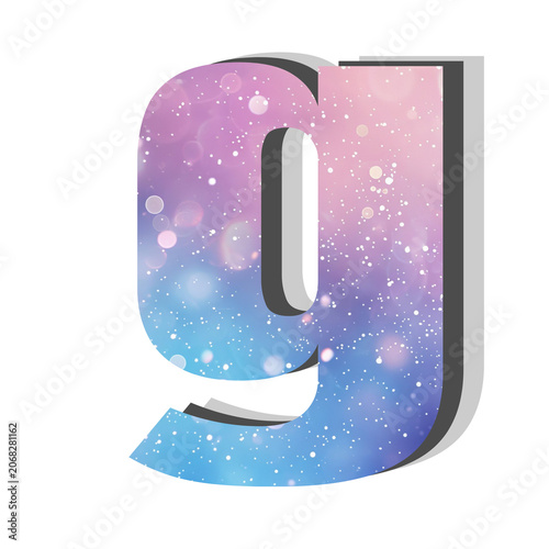 Stylized lowercase letter g featuring cosmic galaxy pattern nebula effects and sparkling stars typography design element