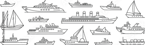 Tableau sur toile Collection of diverse boat and ship line art illustrations
