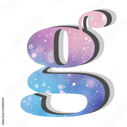 A beautiful lowercase letter G with a dreamy galaxy space nebula texture and soft pastel purple and blue cosmic aesthetic design