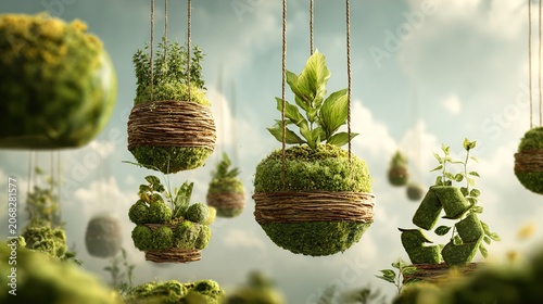 Hanging green plants in pots against cloudy sky
