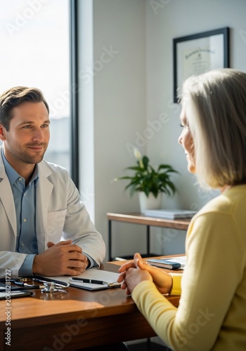 Empathetic Doctor & Patient Consult: Warm Sunlight, Focused Conversation, Hopeful Outlook