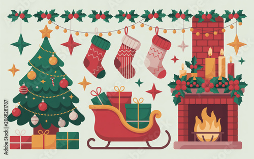 Festive christmas flat lay with tree, fireplace, and gifts