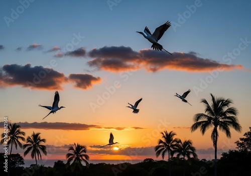 Golden Hour Serenade: Birds in Silhouettes Against a Tropical Sunset Sky.