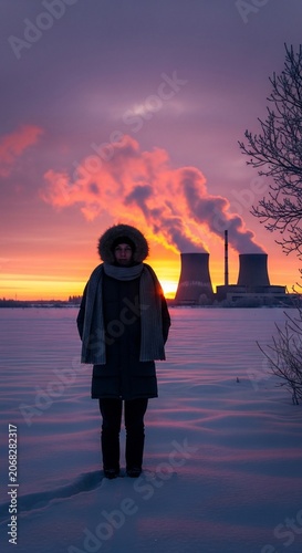 Lone figure watches fiery sunset over industrial steam, a winter's quiet contemplation.