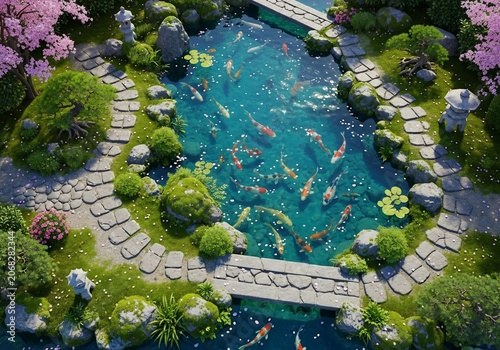 Tranquil Koi Pond Garden: Vibrant Fish Swim in Serene, Lush Japanese Landscape