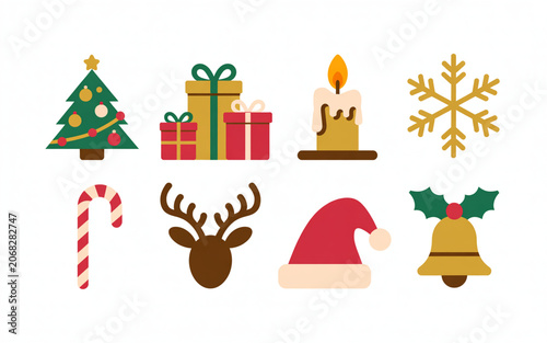 Flat christmas tree, gifts, candle, snowflake, candy cane, reindeer, hat, bell