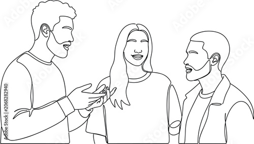 Continuous line drawing of three diverse people having an engaging conversation, exchanging ideas.