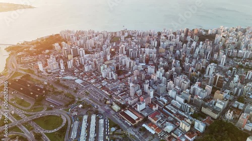 High Angle Aerial Shot of Florianopolis Beira Mar Norte Cityscape with Skyscrapers Public Park and Ocean Bay