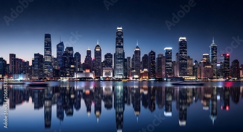 Skyscrapers illuminate the harbor waters at night with a vibrant display of urban lights that reflect perfectly on the calm surface of the sea.