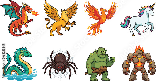 Quadro em tela Fantasy mythical creatures and game monsters vector icon set isolated on white b