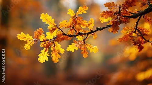 Autumn oak leaves on a tree branch with blurred background