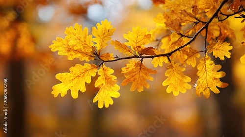 Vibrant yellow oak leaves on a tree branch in autumn