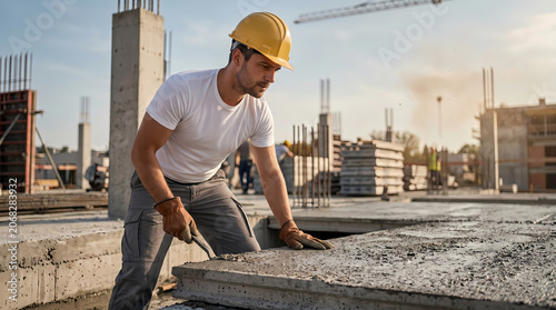 Man in hard hat working on construction site with concrete slabs