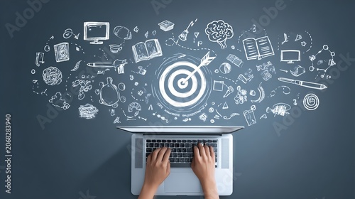 Hands on laptop with creative business concept icons floating above
