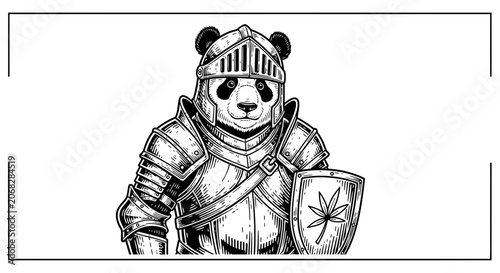 Panda Knight in Armor with Shield, Fantasy Animal Warrior, Medieval Combatant, Black and White