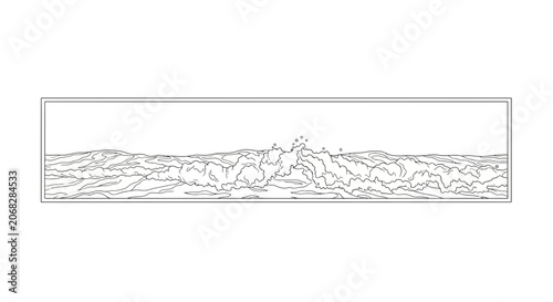 Panoramic Black and White Line Art of a Crashing Ocean Wave