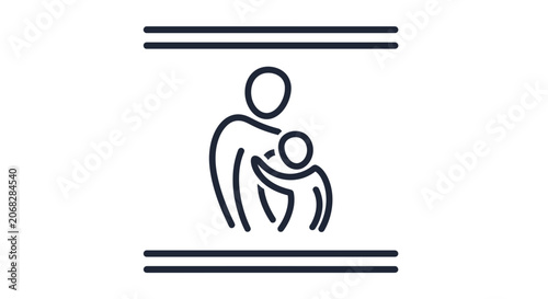 Parent Hugging Child Icon, Family Love and Care Symbol, Simple Line Art