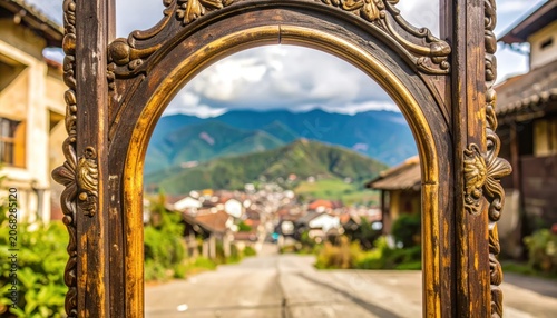 Ornate Archway View of Mountain Village.
