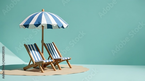 Pair of beach chairs and umbrella on white sand with teal background