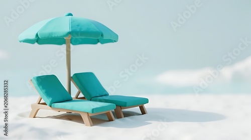 Summer vacation concept with sun loungers and parasol on tropical beach