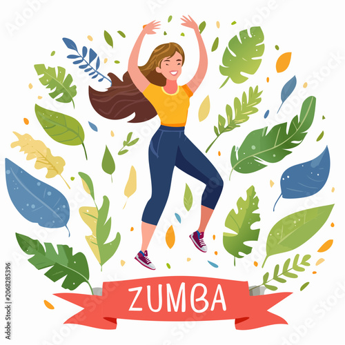Zumba vector energetic woman dancing surrounded by tropical leaves.