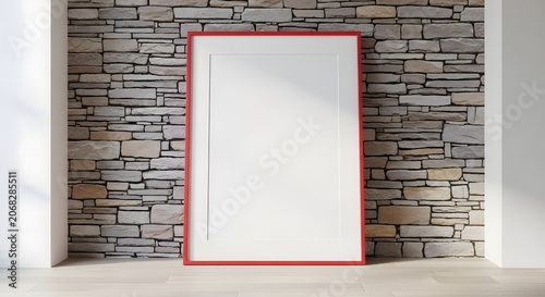 Picture frame with a red border stands against a textured stone wall.