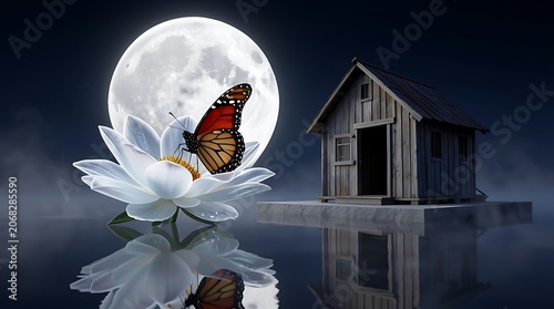 Fantasy night landscape with full moon butterfly and wooden hut on water