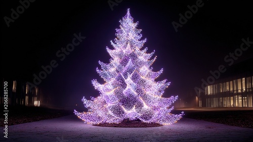 Glowing purple Christmas tree at night with modern building background