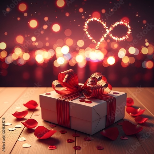 Gift box wrapped in a red ribbon sits on a wooden surface surrounded by flower petals.