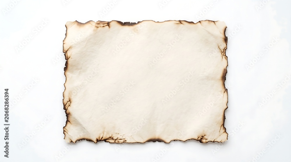 Fototapeta premium Vintage parchment paper sheet with burnt and scorched edges isolated on white background