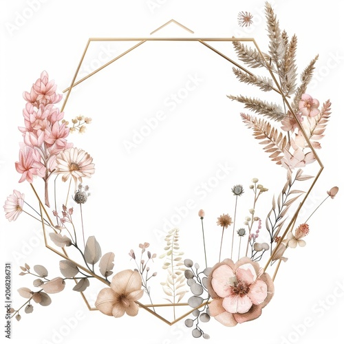 Elegant Golden Octagon Frame Adorned with Delicate Watercolor Florals