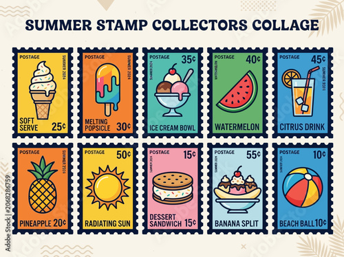 Fotografie Summer Stamp Collector Collage with Ice Cream, Tropical Fruits, and Beach Icons