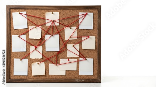 A wooden framed cork board with blank instant photos and paper notes interconnected by red string for an investigation concept.