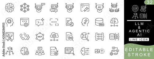 Advanced LLM & Agentic AI Line Icon Set – Editable Stroke Vector Icons for Large Language Models, AI Agents, RAG, MCP, Prompt Engineering and Generative AI