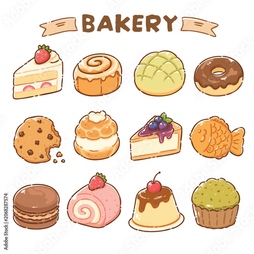 Bild auf Leinwand Cute Bakery Desserts Collection Hand Drawn Kawaii Pastry and Sweet Treats Vector