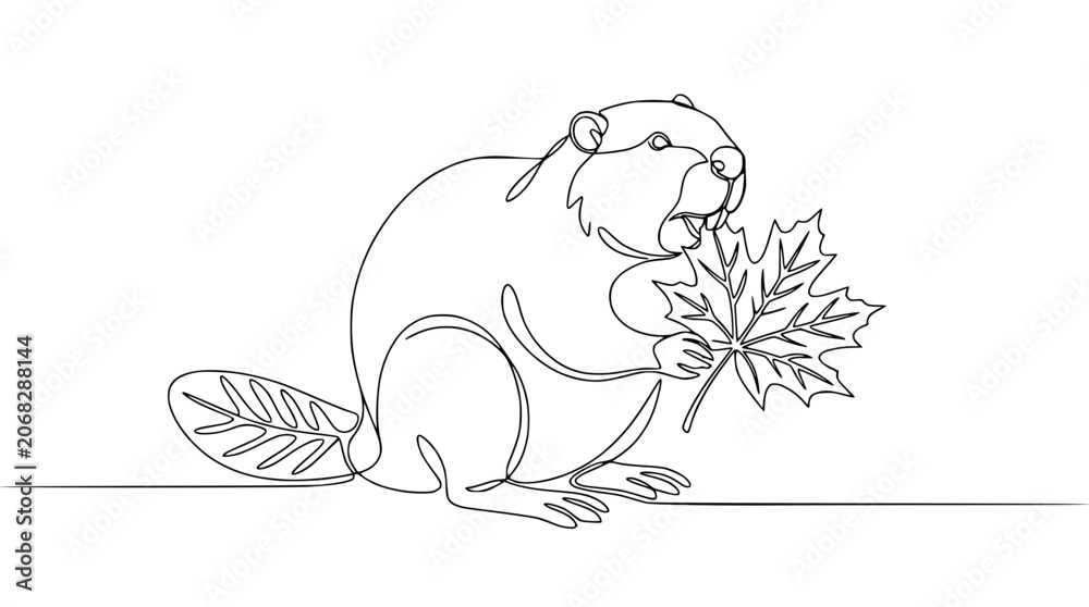 Obraz premium Continuous Line Drawing of a Beaver Holding a Maple Leaf