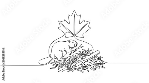 Fotografie Continuous line drawing of a beaver near a pile of sticks with a maple leaf in the background, Canada symbol