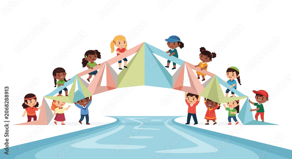 Fototapeta premium Diverse Children Building a Colorful Geometric Bridge Together